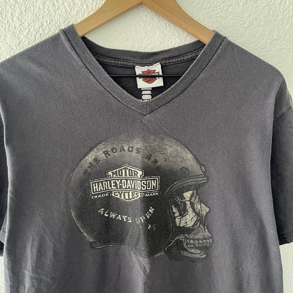 Harley Davidson Shirt Mens Sz XL Gray Helmet Skull Tee Grunge Biker Motorcycles - Picture 4 of 16